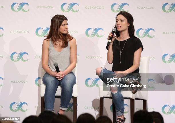Actresses Elise Bauman and Natasha Negovanlis speak at the "Hollstein Reunion" panel during the ClexaCon 2017 convention at Bally's Las Vegas on...