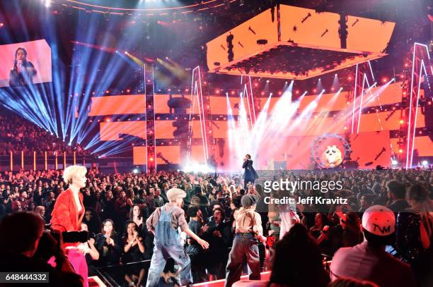 Singer Katy Perry and rapper Skip Marley perform onstage at the 2017 iHeartRadio Music Awards which broadcast live on Turner's TBS, TNT, and truTV at...