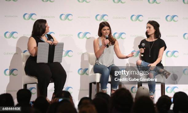 Bella Books Blog managing editor Dana Piccoli, and actresses Elise Bauman and Natasha Negovanlis speak at the "Hollstein Reunion" panel during the...