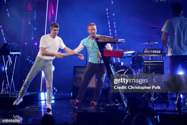 Recording artists Andrew Taggart of The Chainsmokers and Chris Martin perform onstage at the 2017 iHeartRadio Music Awards which broadcast live on...