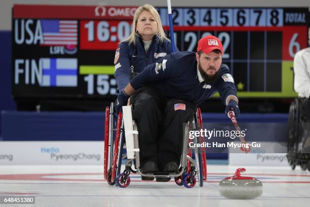 Justin Marshall from USA delivers a stone during the World Wheelchair Curling Championship 2017 - test event for PyeongChang 2018 Winter Olympic...