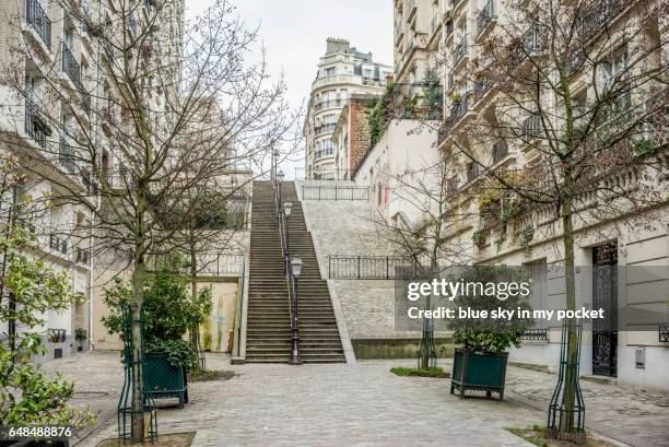 looking up at the steps at the rue du mont, montmartre, paris in winter. - montmartre stock pictures, royalty-free photos & images