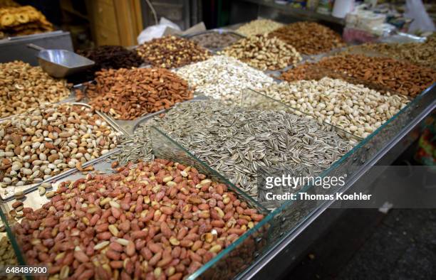 Jerusalem, Israel Market stall with nuts on the Mahane Yehuda market in Jerusalem on February 08, 2017 in Jerusalem, Israel.