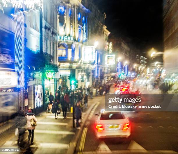 impressionist london, shaftesbury avenue, theatre land. - soho london night stock pictures, royalty-free photos & images