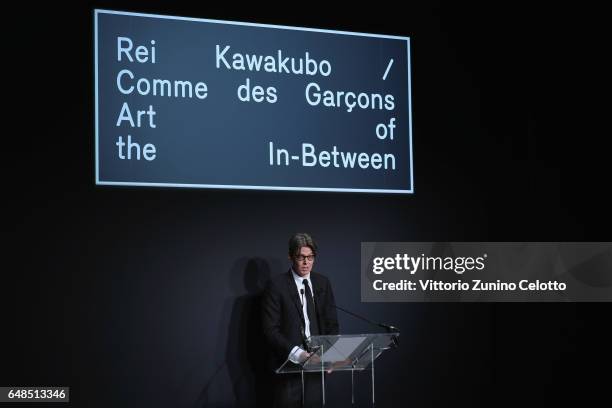 Curator Andrew Bolton speaks during the "Rei Kawakubo Comme Des Garcons Art Of The In-Between" Presentation as part of the Paris Fashion Week...