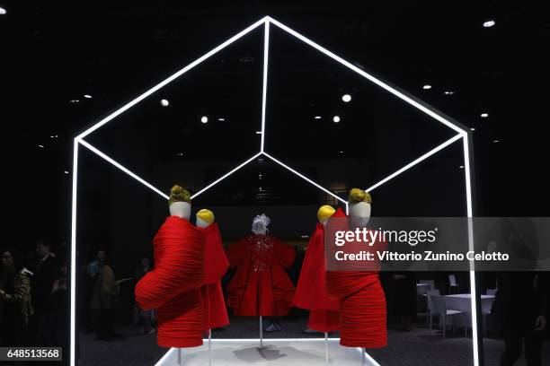 General view of Comme Des Garcons dresses and installation during the "Rei Kawakubo Comme Des Garcons Art Of The In-Between" Presentation as part of...