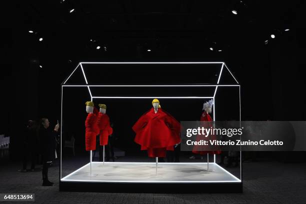 General view of Comme Des Garcons dresses and installation during the "Rei Kawakubo Comme Des Garcons Art Of The In-Between" Presentation as part of...