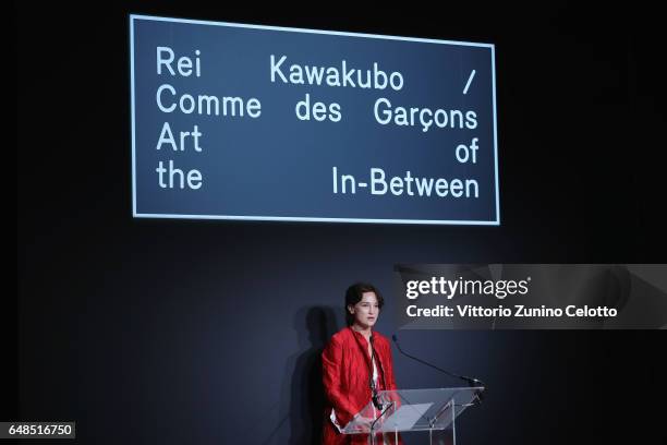 Carrie Rebora Barratt speaks during the "Rei Kawakubo Comme Des Garcons Art Of The In-Between" Presentation as part of the Paris Fashion Week...