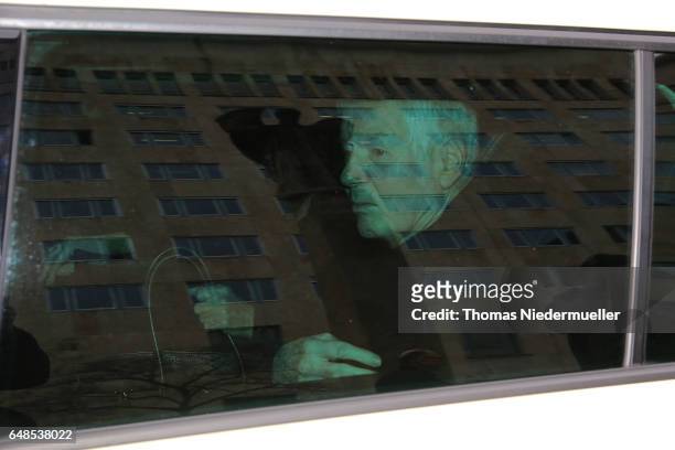 Anton Schlecker, founder of the now bankrupt German drugstore chain Schlecker, is seen in a Taxi after the first day of his trial on March 6, 2017 in...