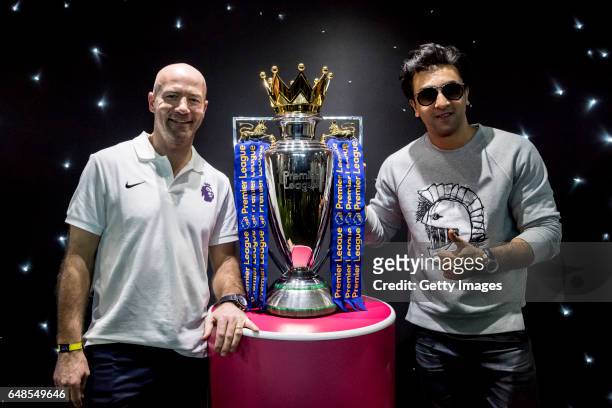 Alan Shearer and Bollywood Star and Mumbai FC team owner Ranbir Kapoor pose for a picture with the Premier League Trophy during the Premier League...