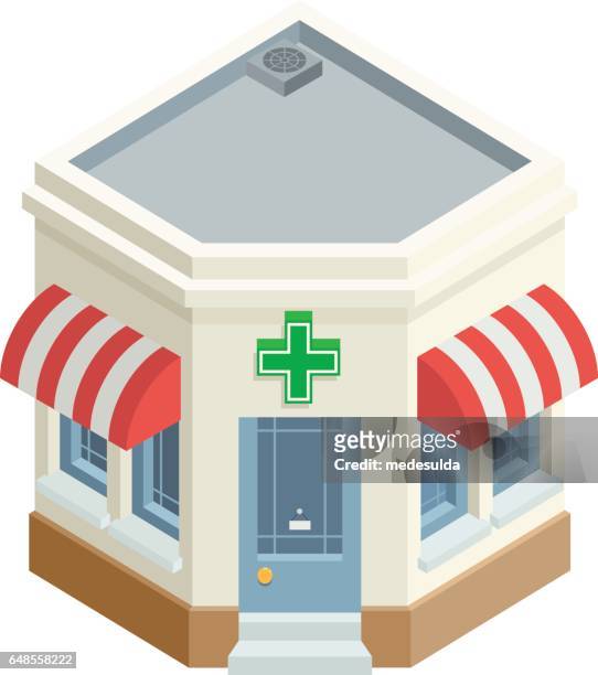 drugstore - isometric building entrance stock illustrations