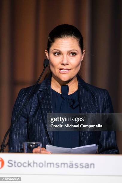 Princess Victoria of Sweden gives a speech at the inauguration of the 2017 Baltic Sea Future congress held at the Stockholm International Fairs &...