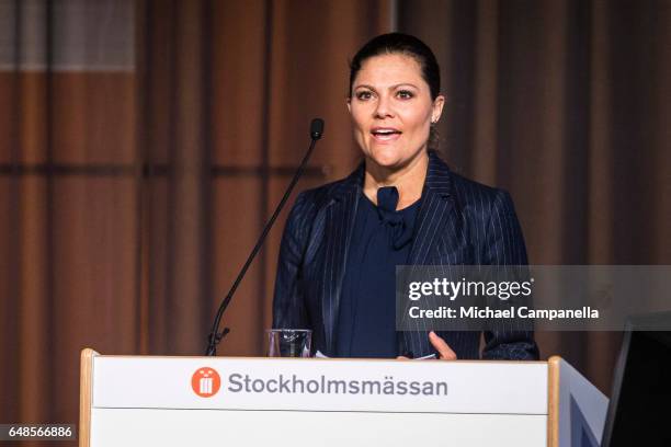 Princess Victoria of Sweden gives a speech at the inauguration of the 2017 Baltic Sea Future congress held at the Stockholm International Fairs &...