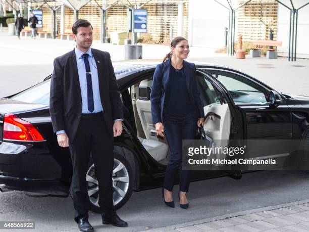 Princess Victoria of Sweden arrives at the inauguration of the 2017 Baltic Sea Future congress held at the Stockholm International Fairs & Congress...