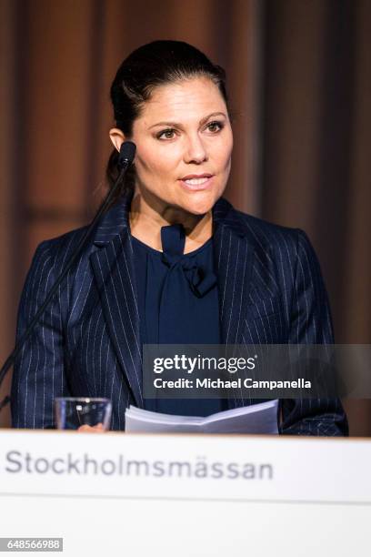 Princess Victoria of Sweden gives a speech at the inauguration of the 2017 Baltic Sea Future congress held at the Stockholm International Fairs &...