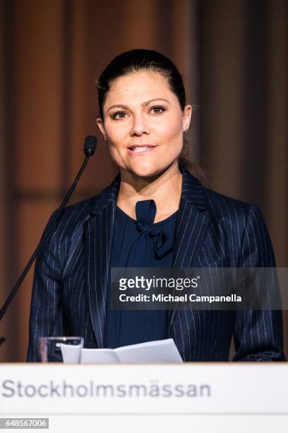 Princess Victoria of Sweden gives a speech at the inauguration of the 2017 Baltic Sea Future congress held at the Stockholm International Fairs &...