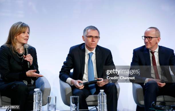 Chairwoman and CEO of General Motors, Mary Barra , Chairman of the Managing Board of French carmaker PSA Group Carlos Tavares and Opel CEO...