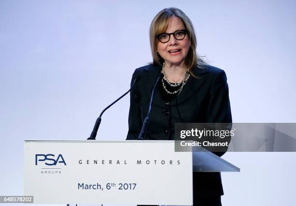 Chairwoman and Chief Executive Officer of General Motors Company, Mary Barra delivers a speech during a press conference on March 6, 2017 in Paris,...