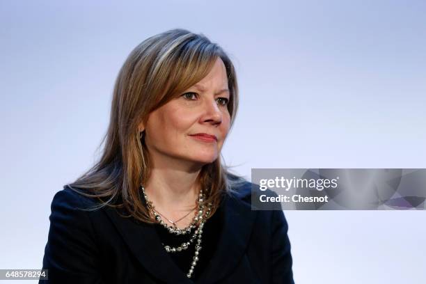 Chairwoman and Chief Executive Officer of General Motors Company, Mary Barra attends a press conference on March 6, 2017 in Paris, France. Carlos...