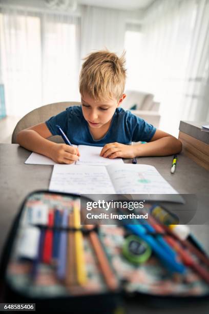 little boy aged 7 doing his homework - one boy only stock pictures, royalty-free photos & images