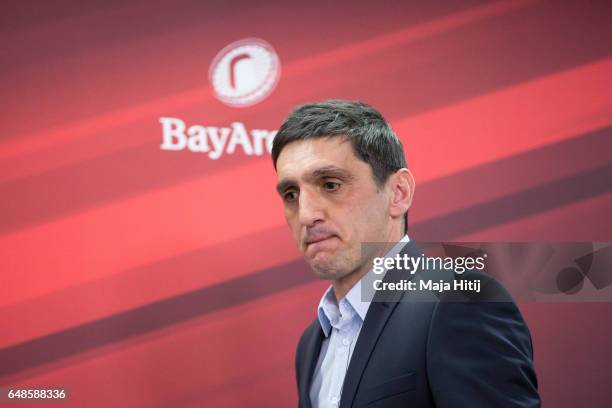 Tayfun Korkut the newly appointed head coach of Bayer Leverkusen arrives to a press conference on March 6, 2017 in Leverkusen, Germany.