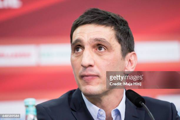 Tayfun Korkut the newly appointed head coach of Bayer Leverkusen looks on during a press conference on March 6, 2017 in Leverkusen, Germany.