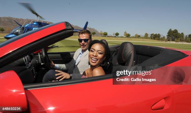 Nomzamo Mbatha and Ryk Neethling during the 2017 Veuve Clicquot Masters Polo at the Val de Vie Estate on March 04, 2017 in Cape Town, South Africa....