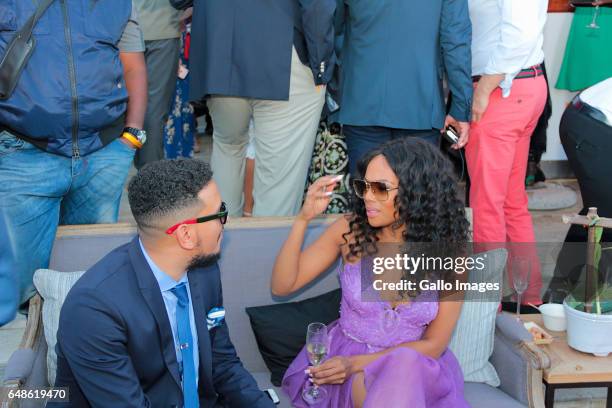 Media personality Bonang Matheba and rapper AKA during the 2017 Veuve Clicquot Masters Polo at the Val de Vie Estate on March 04, 2017 in Cape Town,...