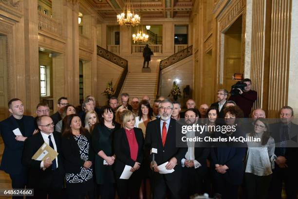 Sinn Fein president Gerry Adams and northern leader Michelle O'Neill hold a press conference at Stormont on March 6, 2017 in Belfast, Northern...