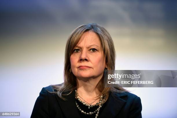 Chairperson and CEO of General Motors Company Mary T Barra gives a press conference about the acquisition by PSA of General Motors' European...