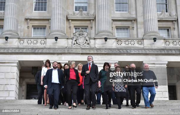 Sinn Fein president Gerry Adams arrives alongside northern leader Michelle O'Neill and the rest of the Sinn Fein newly elected MLA's for a press call...