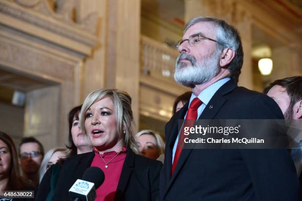 Sinn Fein president Gerry Adams and northern leader Michelle O'Neill hold a press conference at Stormont on March 6, 2017 in Belfast, Northern...