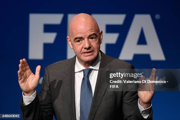 President Gianni Infantino speaks during the FIFA Annual Conference for Equality & Inclusion at the Home of FIFA on 06 March, 2017 in Zurich,...