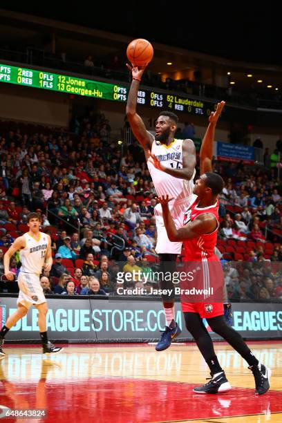 JaKarr Sampson of the Iowa Energy goes up for a shot against the Maine Red Claws in an NBA D-League game on March 5, 2017 at the Wells Fargo Arena in...