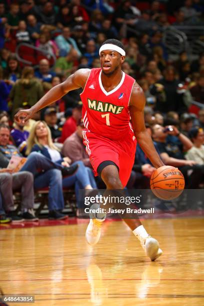 Josh Hagins of the Maine Red Claws handles the ball against the Iowa Energy in an NBA D-League game on March 5, 2017 at the Wells Fargo Arena in Des...