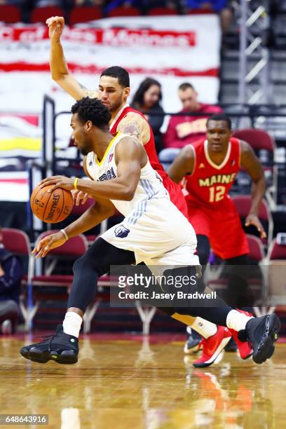 Wayne Selden of the Iowa Energy drives against the Maine Red Claws in an NBA D-League game on March 5, 2017 at the Wells Fargo Arena in Des Moines,...