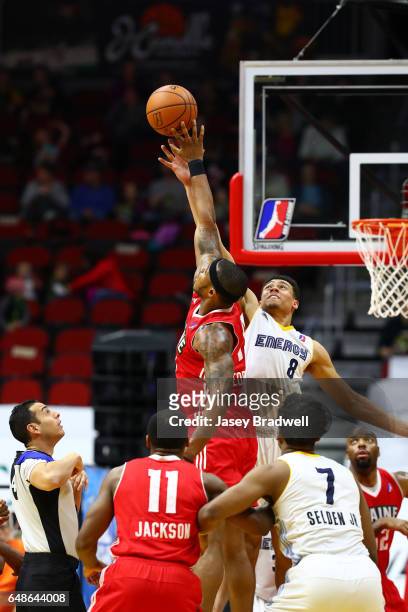 Wade Baldwin IV of the Iowa Energy fights for the tip against Marcus Georges-Hunt of the Maine Red Claws in an NBA D-League game on March 5, 2017 at...