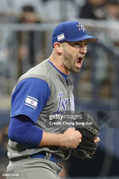 Pitcher Josh Zeid of Israel celebrates after winning the World Baseball Classic Pool A Game One between Israel and South Korea at Gocheok Sky Dome on...