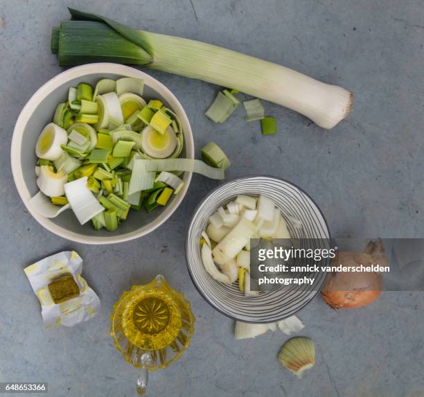 leek soup ingredients. - bouillon stock pictures, royalty-free photos & images