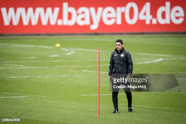 Tayfun Korkut the newly appointed head coach of Bayer Leverkusen looks on during the training on March 6, 2017 in Leverkusen, Germany.
