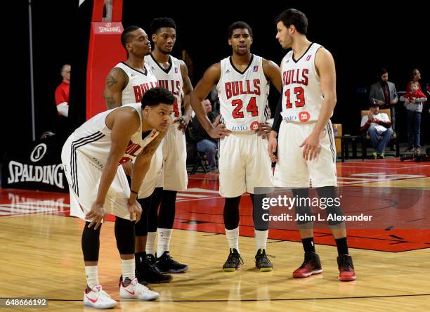 The Windy City Bulls players stand on the court during the game against the Sioux Falls Skyforce on March 04, 2017 at the Sears Centre Arena in...