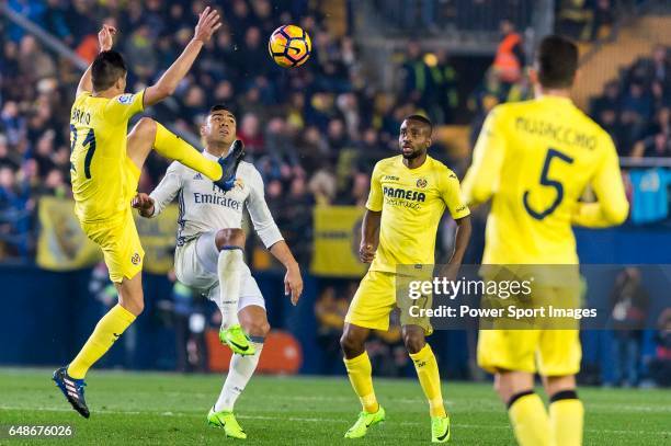 Bruno Soriano Llido of Villarreal CF competes for the ball with Carlos Henrique Casemiro of Real Madrid during their La Liga match between Villarreal...