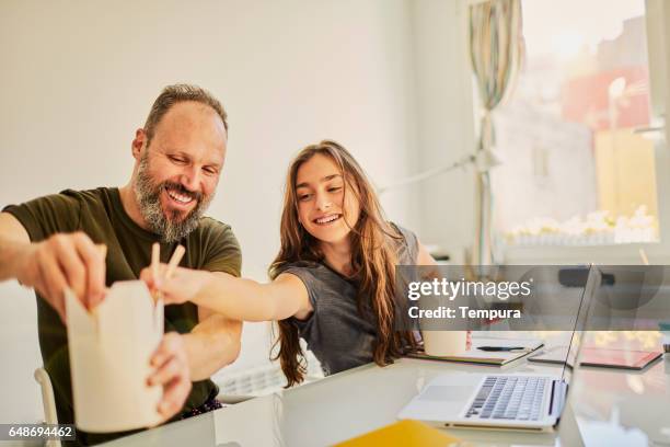 family moments, single father and daughter. - chinese takeout stock pictures, royalty-free photos & images