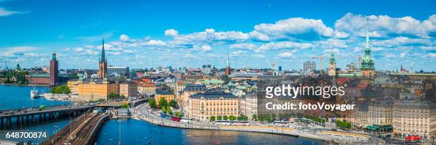 stockholm summer spires harbour waterfront cityscape panorama gamla stan sweden - stockholm stock pictures, royalty-free photos & images