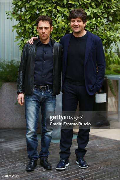 Elio Germano and Fabio De Luigi attend a photocall for 'Questione Di Karma' at Hotel Visconti on March 6, 2017 in Rome, Italy.