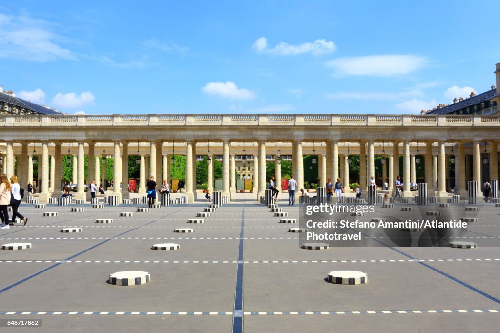 The Palais Royal, Cour (courtyard) d'Honneur, Les Deux Plateaux (also known as The Colonnes de Buren) art installation by Daniel Buren