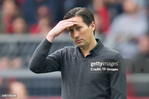 Head coach Roger Schmidt of Bayer Leverkusen gestures during the Bundesliga match between Borussia Dortmund and Bayer 04 Leverkusen at Signal Iduna...