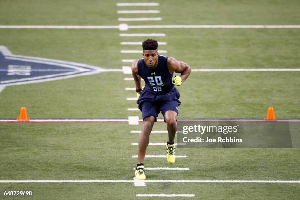 Defensive back Marlon Humphrey of Alabama participates in a drill during day six of the NFL Combine at Lucas Oil Stadium on March 6, 2017 in...