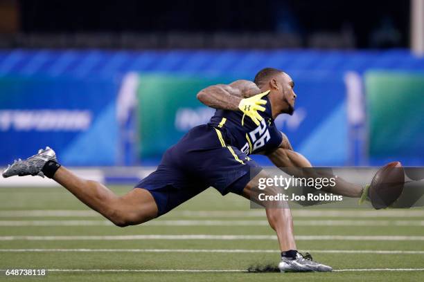 Defensive back John Johnson of Boston College participates in a drill during day six of the NFL Combine at Lucas Oil Stadium on March 6, 2017 in...