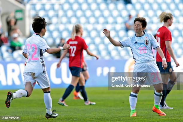 Yuka Momiki and Kumi Yokoyama of Japan celebrate their goal during the match between Norway v Japan - Women's Algarve Cup on March 6, 2017 in Loule,...